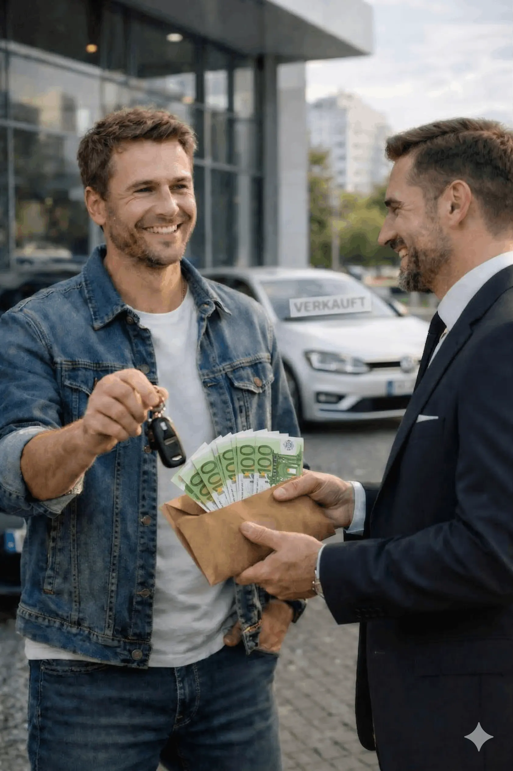 Zufriedener Autobesitzer beim Verkauf